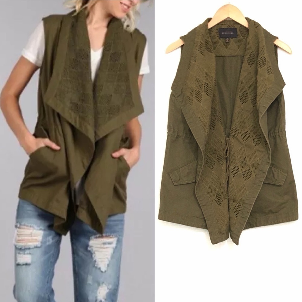 Blu Pepper Army Green Utility Vest w/Crochet/Lace Open Front EUC Women's Small